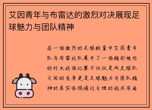艾因青年与布雷达的激烈对决展现足球魅力与团队精神